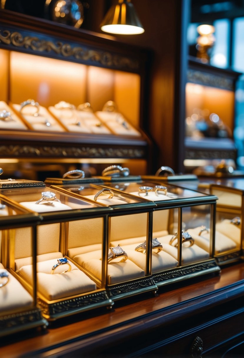 A cozy vintage jewelry store with ornate display cases filled with unique wedding rings. Warm lighting highlights the intricate details of each design