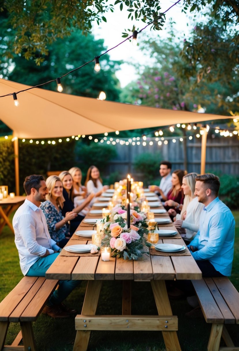 A cozy backyard picnic with a long wooden table adorned with flowers, candles, and string lights. A canopy provides shade while guests enjoy a relaxed and intimate atmosphere