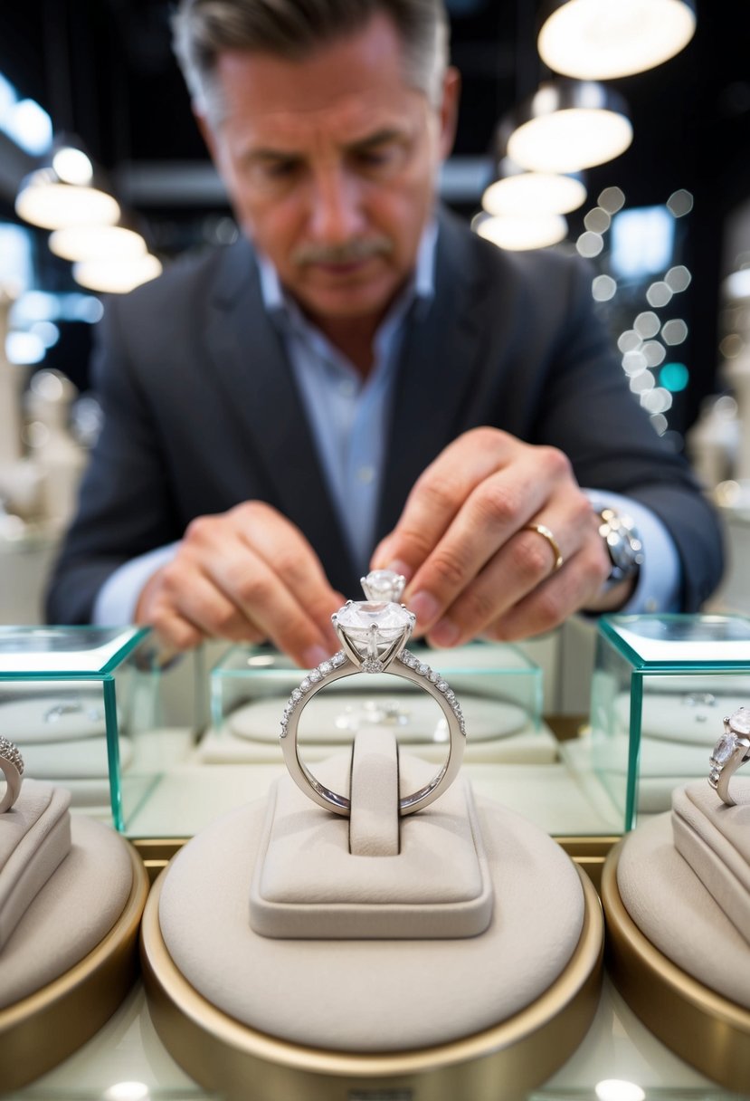 A jeweler carefully inspects a sparkling diamond ring under bright lights, surrounded by elegant display cases filled with other exquisite wedding bands