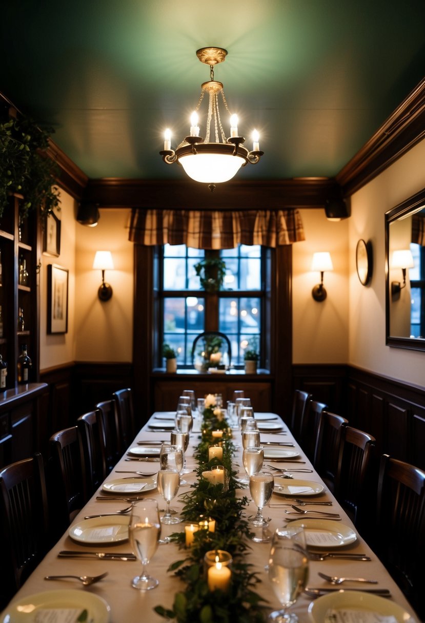 A cozy private room in an Irish pub, adorned with rustic decor and dim lighting, set up for a wedding rehearsal dinner with a long banquet table and elegant place settings