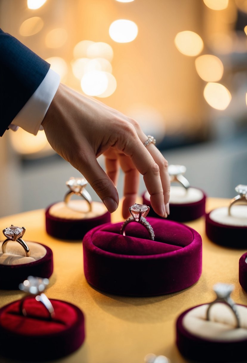 A hand reaching for a wedding ring on a velvet display, surrounded by various ring options and a soft, warm light illuminating the scene