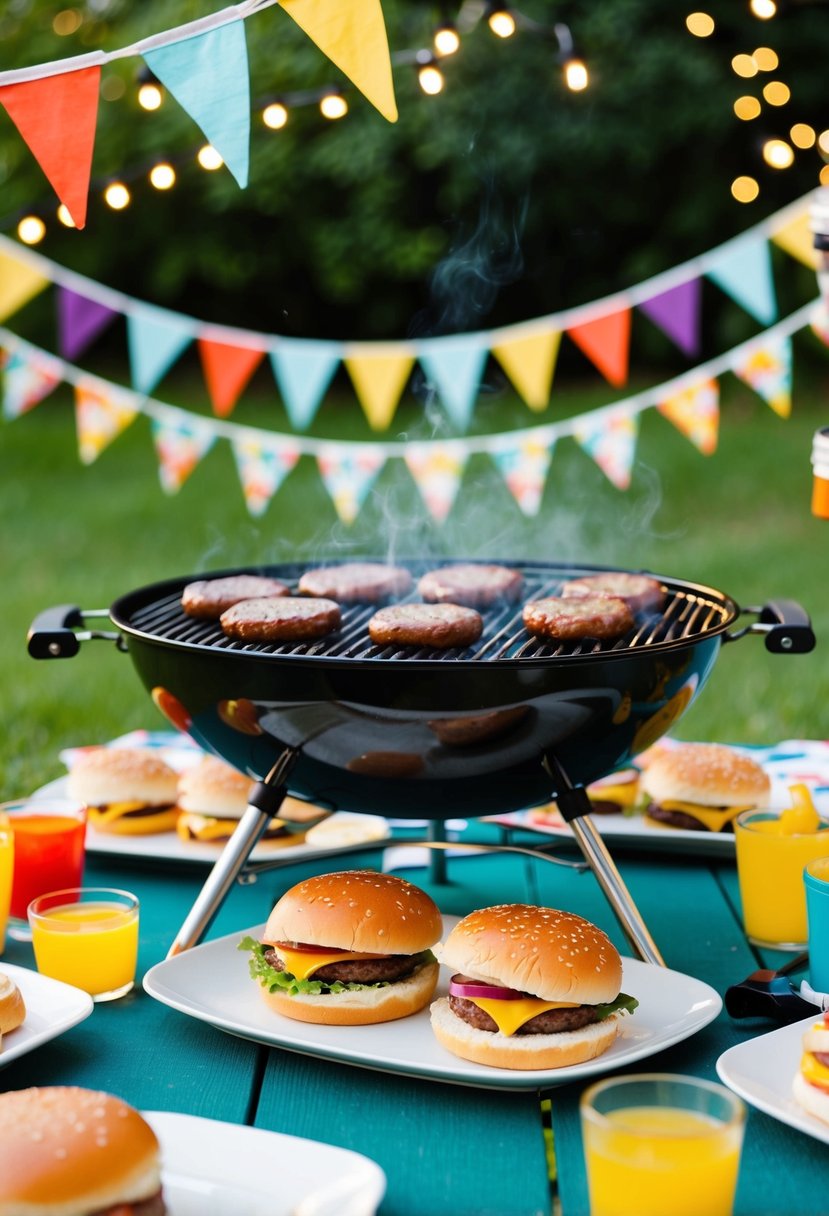 A backyard picnic with a grill sizzling with homemade hamburgers and hot dogs, surrounded by colorful bunting and twinkling string lights