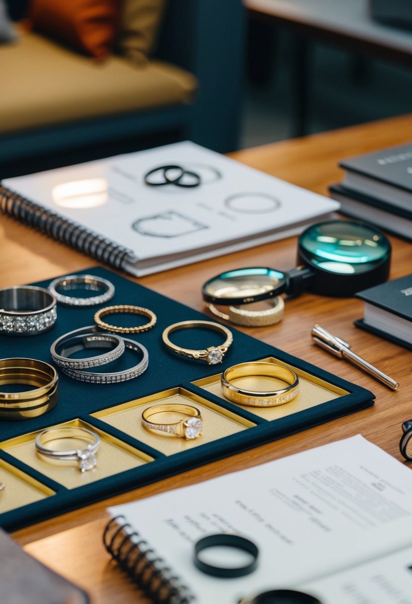 A table with various metal types displayed, surrounded by wedding ring design books and a magnifying glass