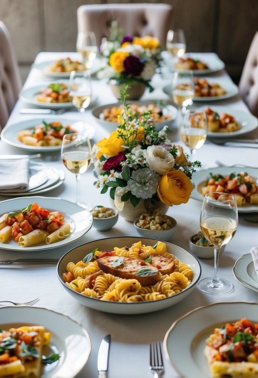 A table set with a variety of pasta dishes and bruschetta spread, surrounded by elegant dinnerware and floral centerpieces