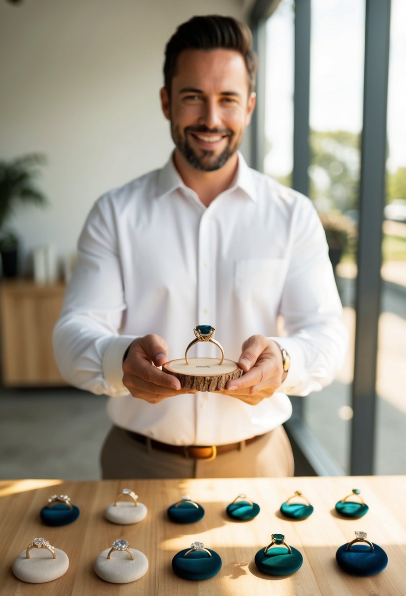 A jeweler presents eco-friendly wedding ring options in a sunlit, minimalist showroom. Recycled metals and ethically-sourced gemstones are displayed on a natural wood table