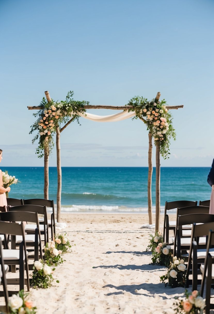 A beach wedding scene with an arbor adorned with flowers, a sandy aisle, and a backdrop of the ocean and a clear blue sky