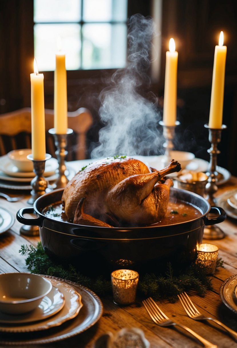 A rustic dining table set with a steaming pot roast, surrounded by vintage dinnerware and flickering candlelight