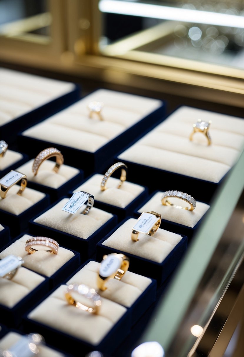 A jewelry store display case filled with sparkling wedding rings, each with a certification tag