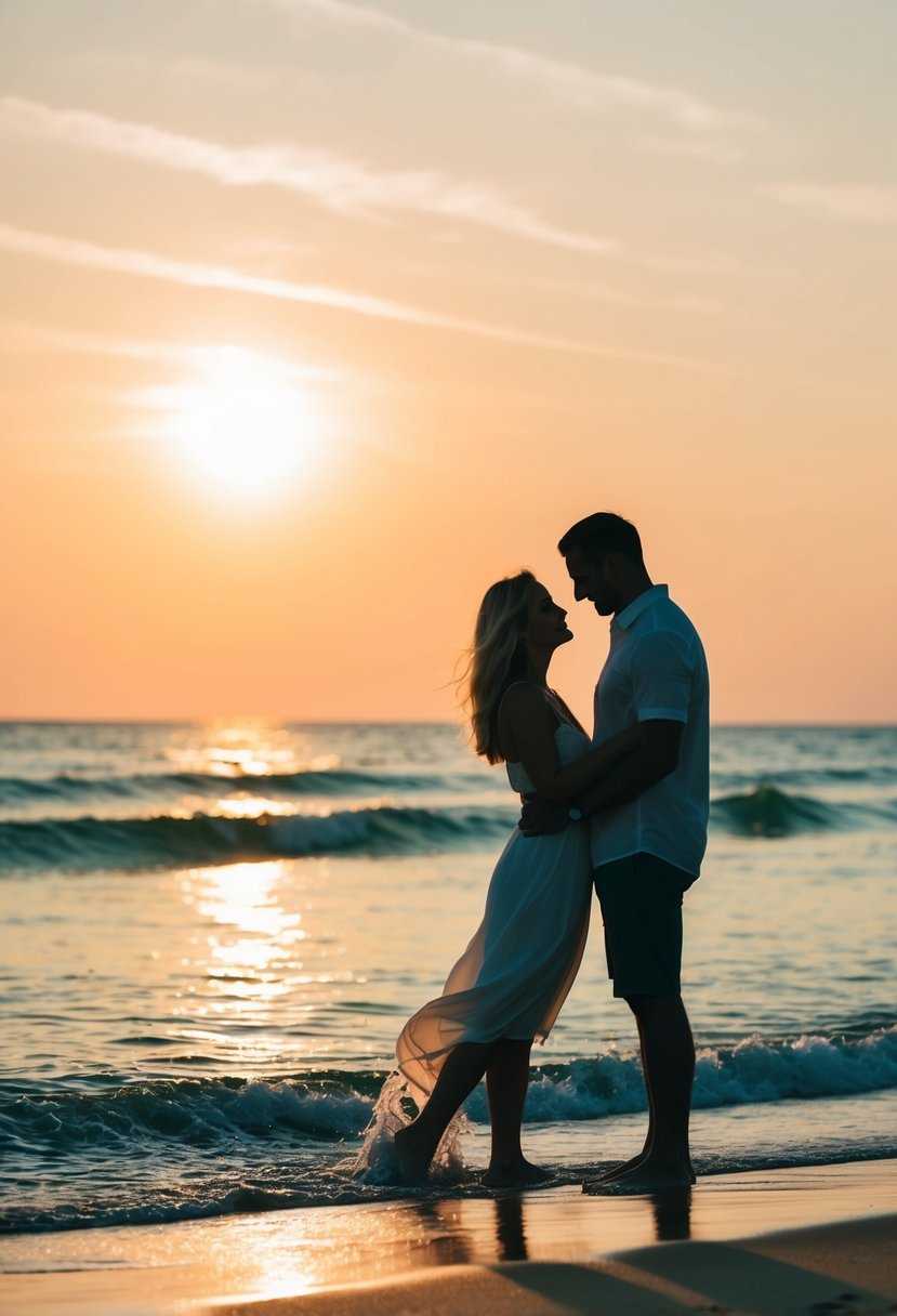 A couple stands close, silhouetted against the setting sun, waves gently lapping at their feet on a serene beach