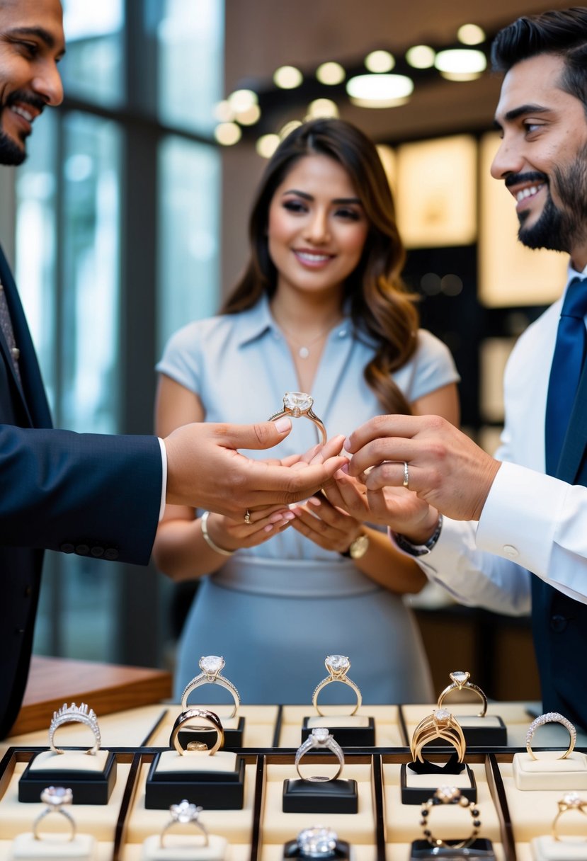 A jeweler presenting a selection of wedding rings to a couple, with various styles and designs on display