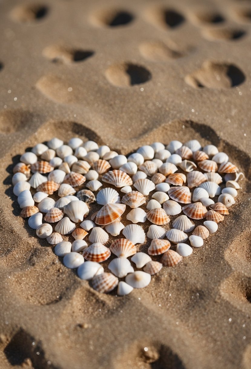 A heart-shaped arrangement of seashells on a sandy beach