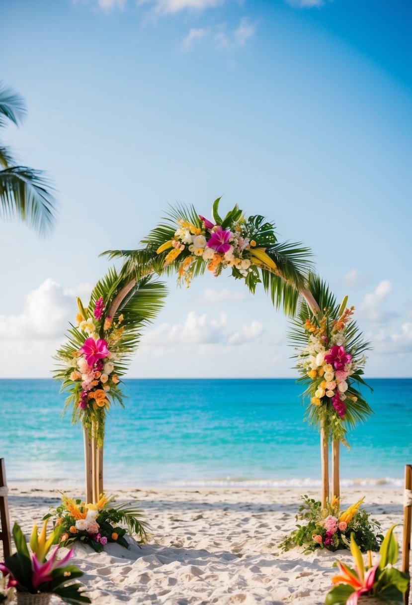 A tropical wedding arch stands on a sandy beach, adorned with vibrant flowers and greenery, framed by the sparkling ocean and a clear blue sky