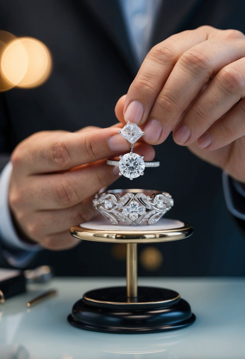 A jeweler carefully weighs a delicate diamond ring against a larger, more intricate design, considering the balance between quality and size