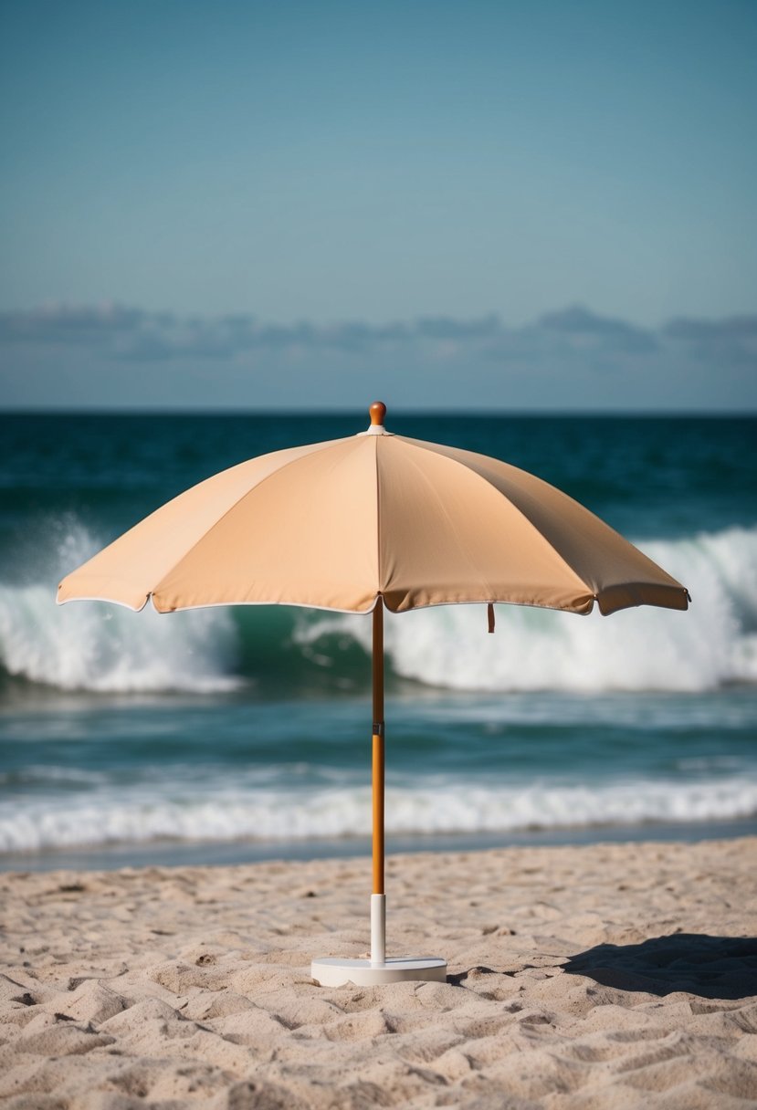 A beach umbrella casting a shadow as waves crash in the background