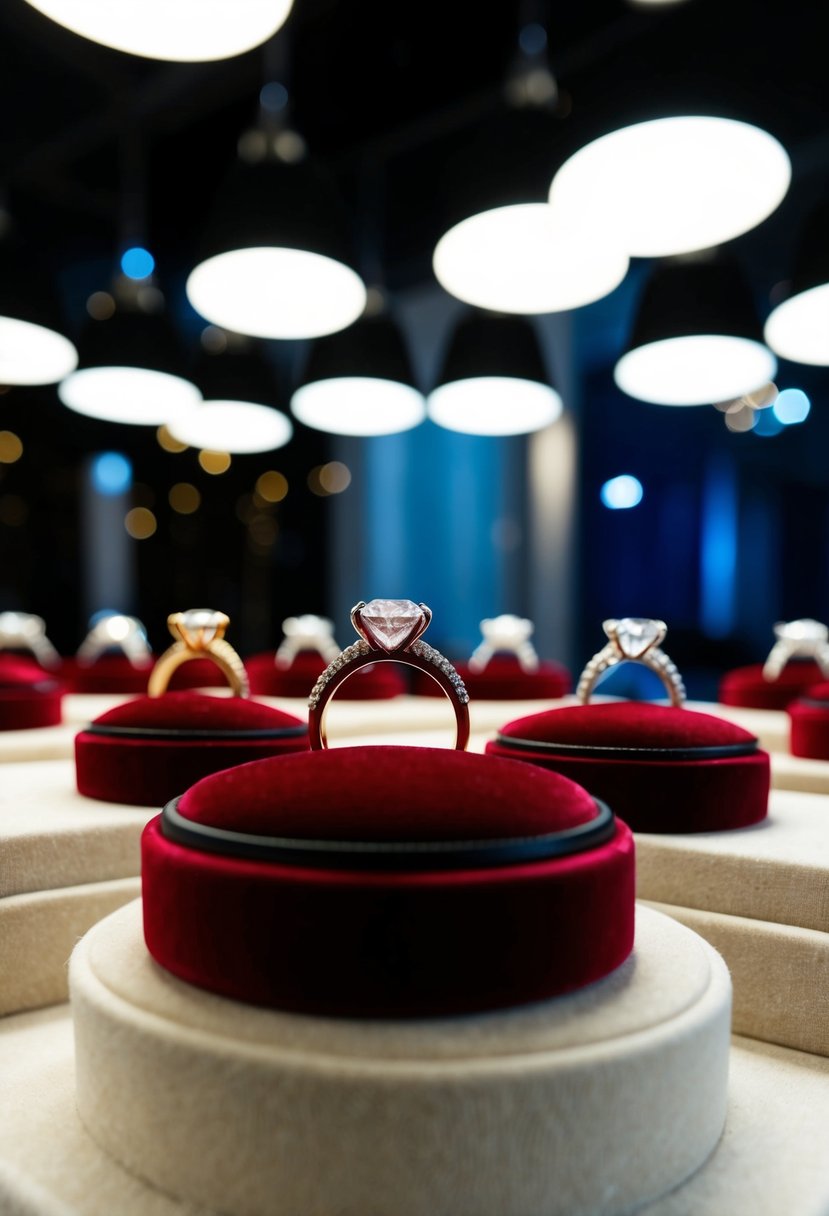 A jeweler presents diamond and gemstone rings on velvet display trays under bright spotlights