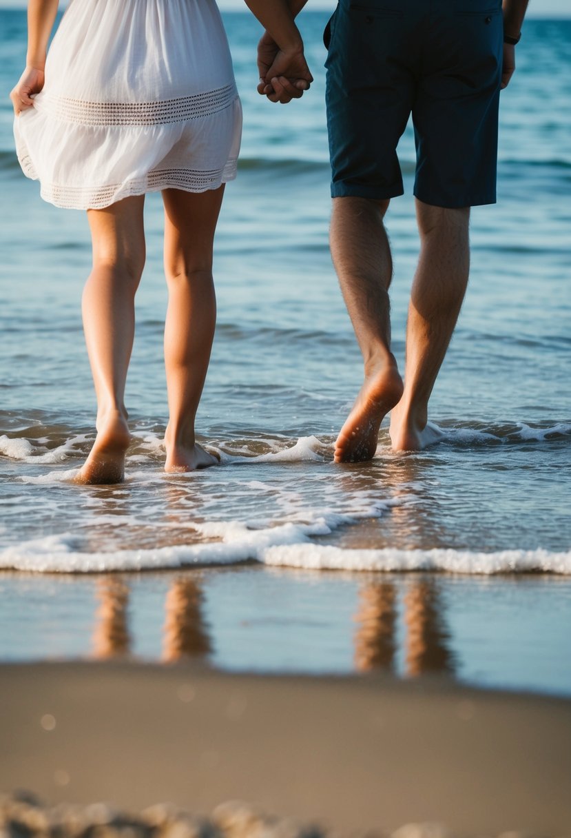 A couple walks barefoot along the sandy shore, with the ocean waves gently lapping at their feet