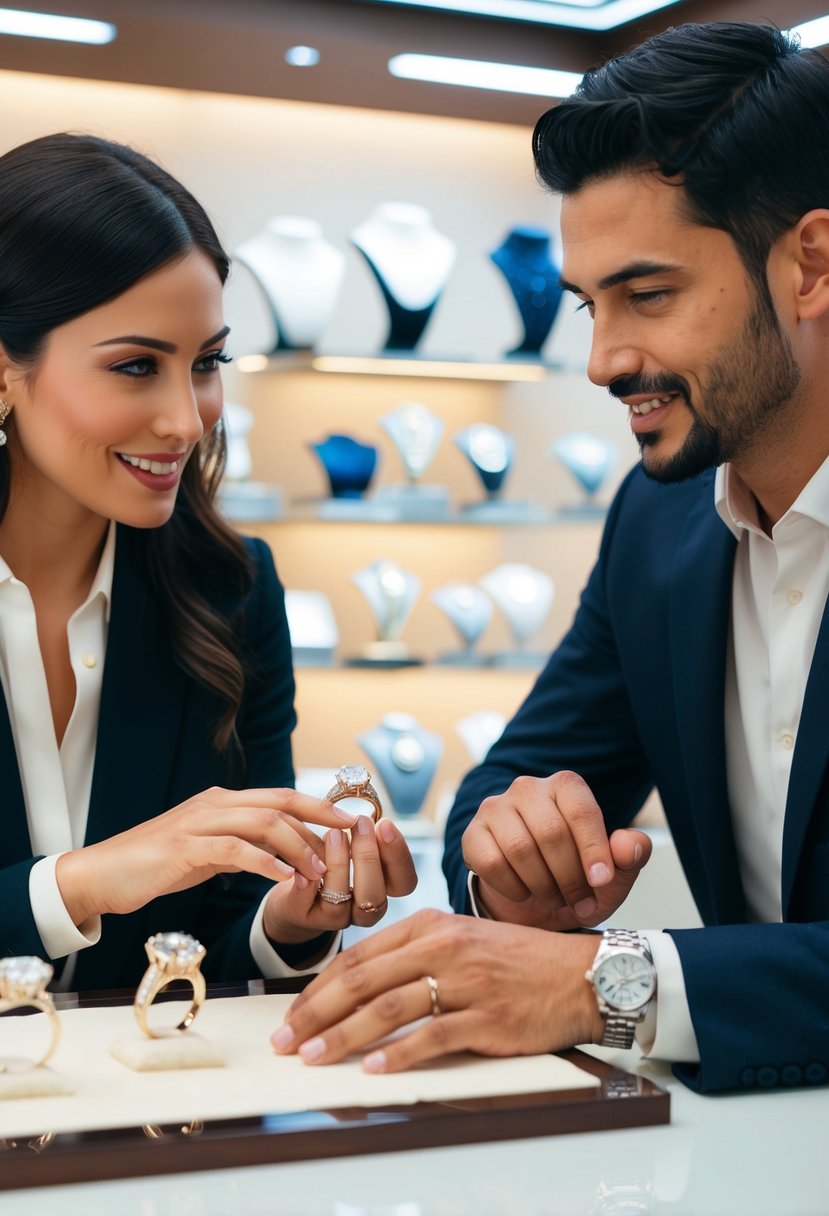 A couple discussing financing options with a jeweler while admiring sparkling wedding rings on display