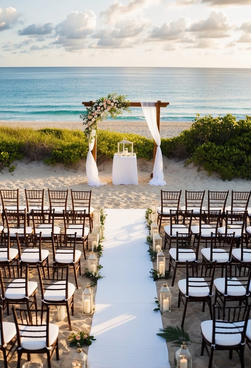 An aerial shot of a beach wedding ceremony layout with chairs, an altar, and an aisle leading towards the ocean