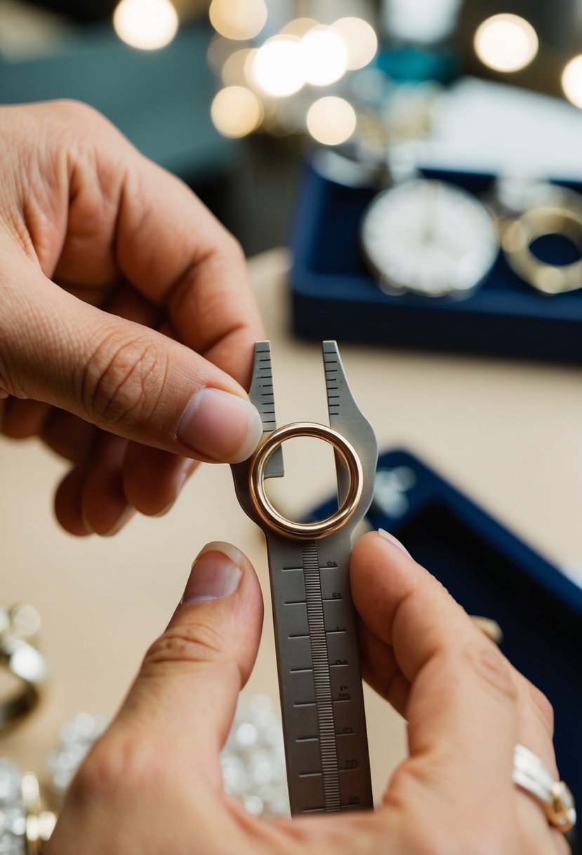 A jeweler using a ring sizer tool to measure and adjust the size of a wedding ring