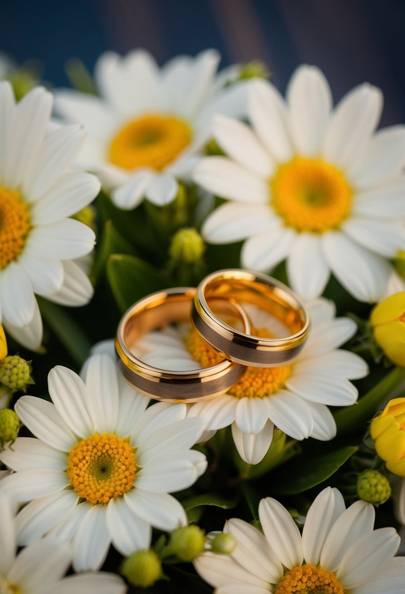 A pair of golden wedding rings resting on a bed of fresh flowers