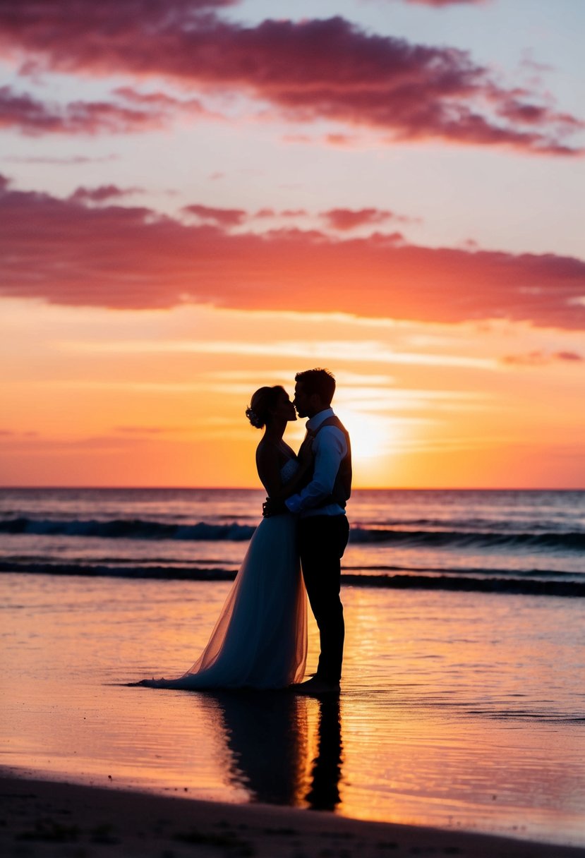 A couple's silhouette against a vibrant sunset on a serene beach