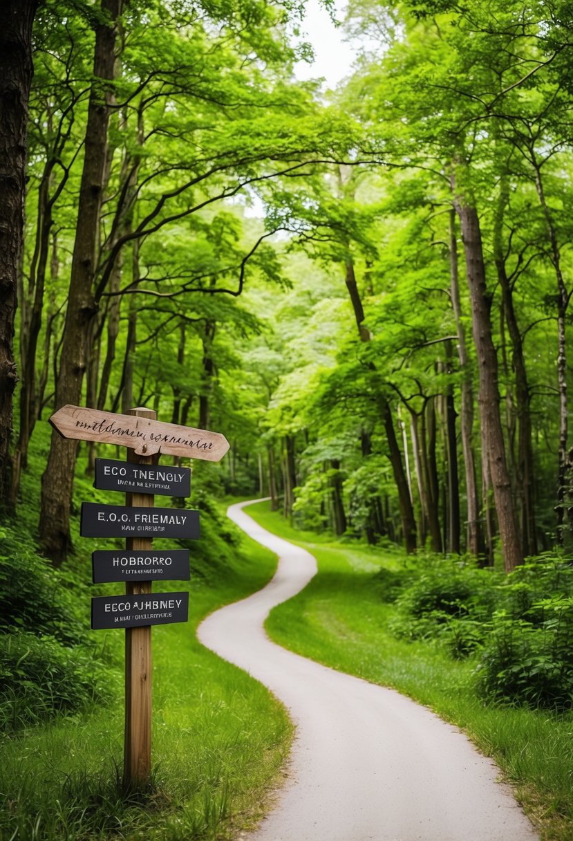 A lush green forest with a winding path leading to a rustic wooden signpost adorned with eco-friendly wedding announcements