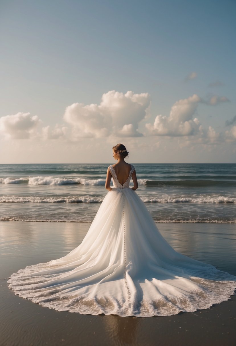 A flowing wedding dress train billows in the breeze as it drapes across the wet sand and ripples in the gentle surf