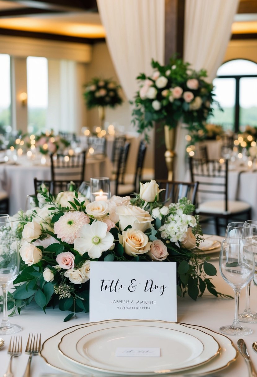 A beautifully decorated wedding venue with floral arrangements and elegant table settings, with a custom photo card featuring the couple's names and wedding date