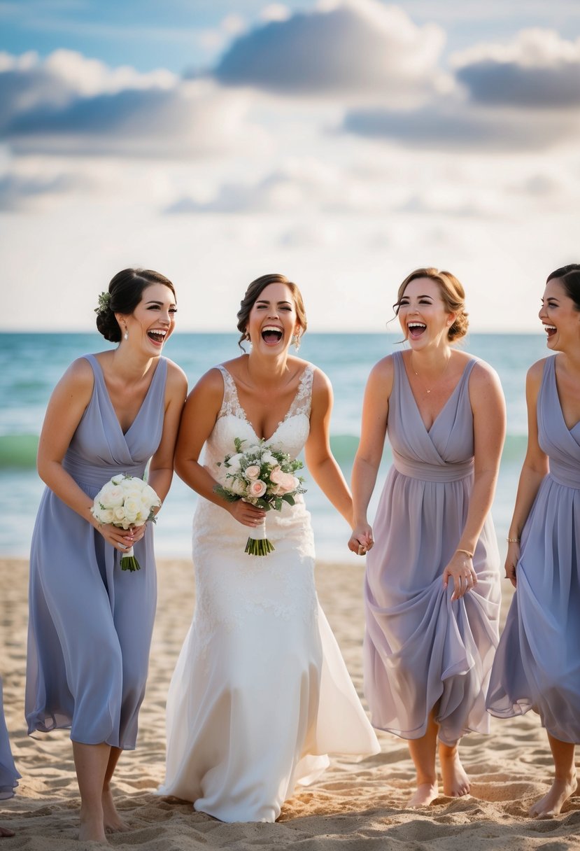 Bridesmaids laughing on a sandy beach, with the ocean in the background