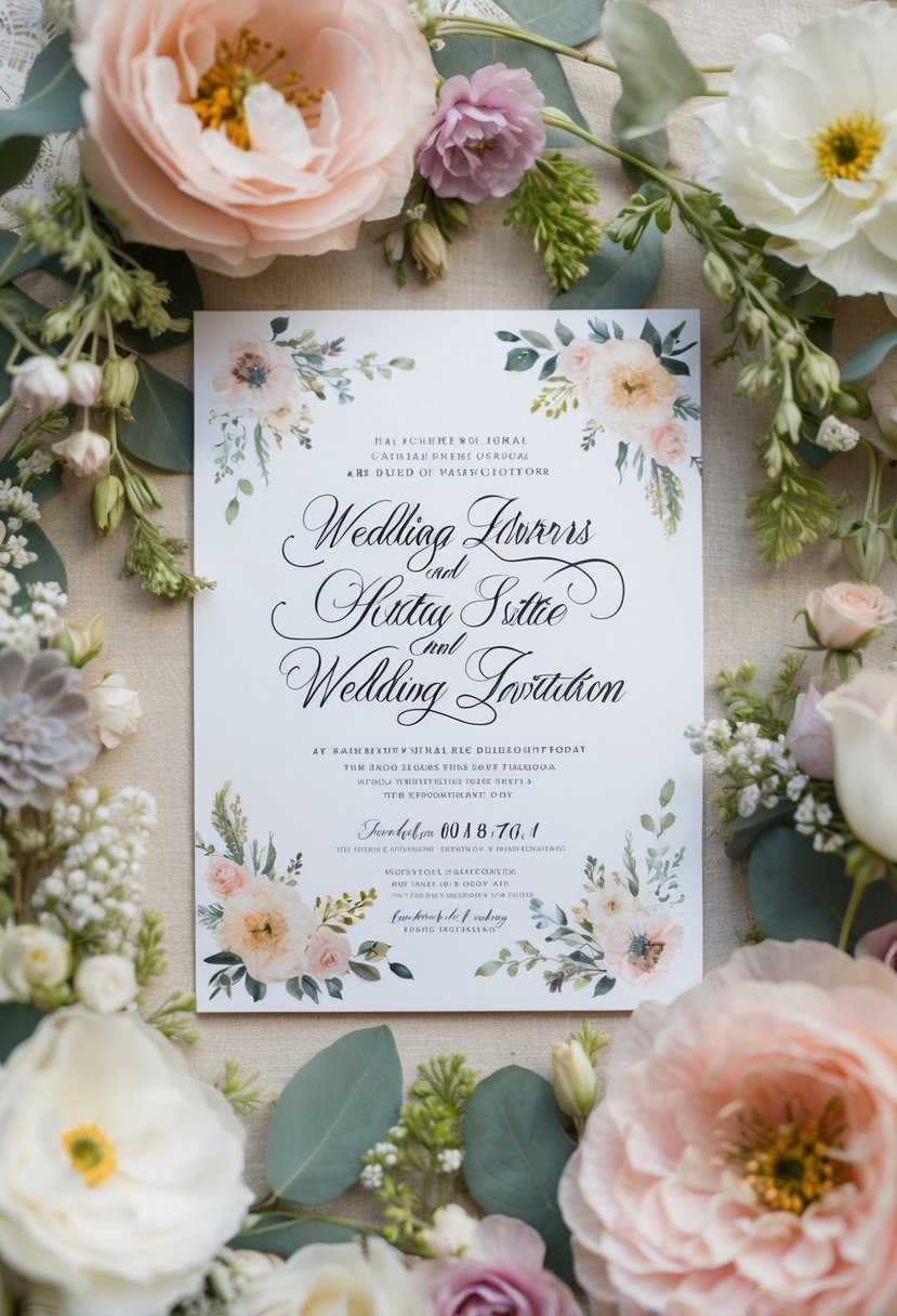 A beautifully decorated wedding invitation with elegant calligraphy writing, surrounded by delicate floral designs and intricate details