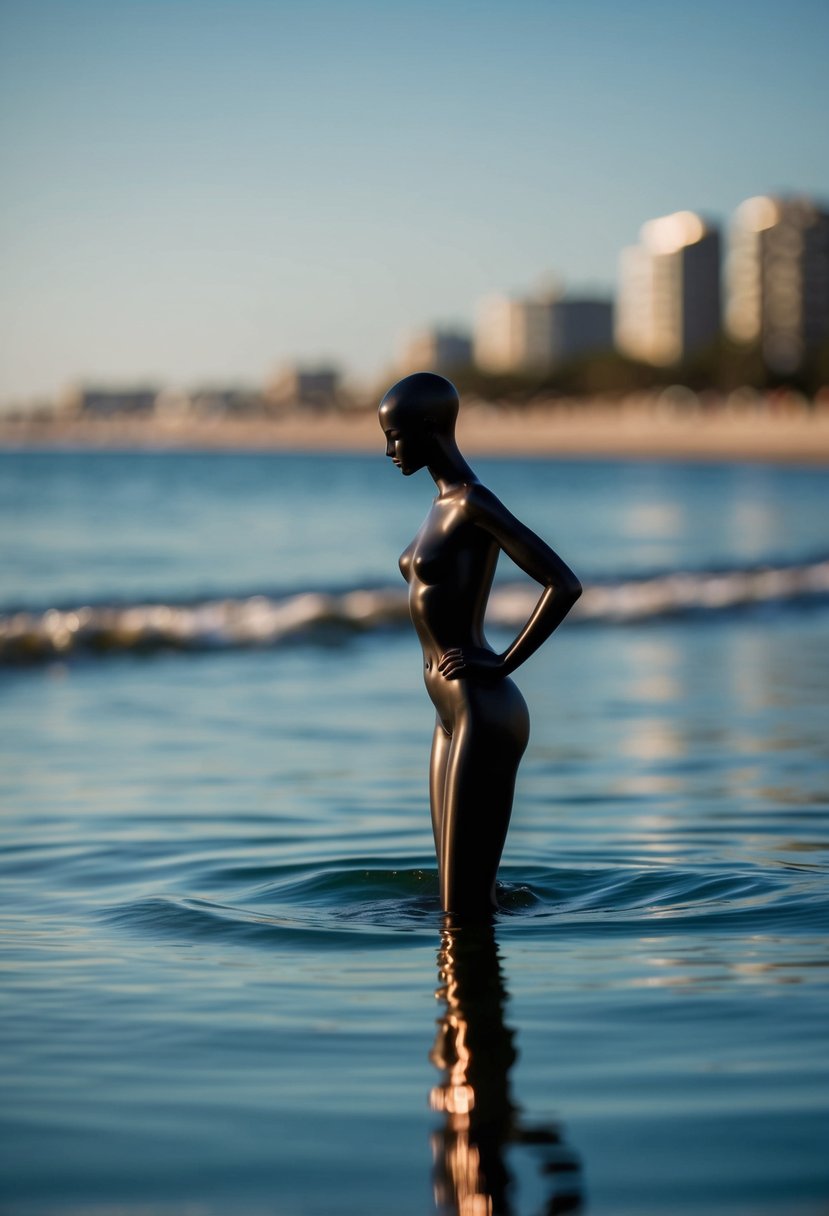 A figure in a reflective pose by the water, with a beach setting in the background