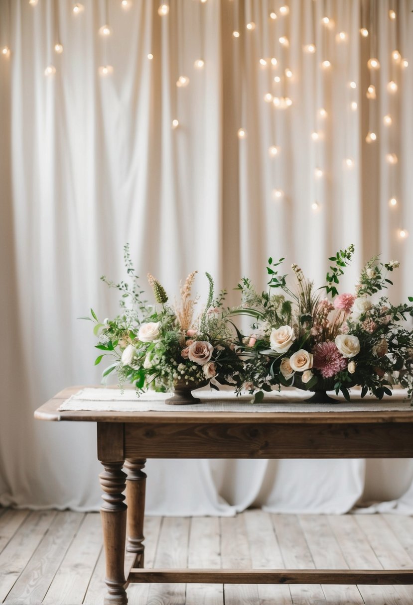 A vintage wooden table adorned with floral arrangements and rustic-chic decor, set against a backdrop of soft, natural lighting