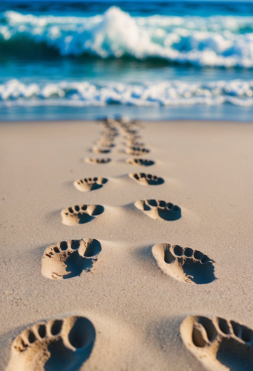 Two sets of footprints in the sand, leading towards the water where ocean waves crash onto the shore