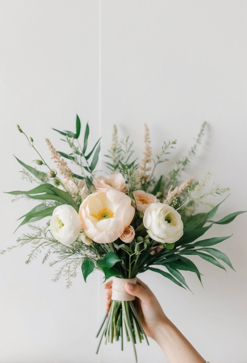 A delicate watercolor bouquet of flowers and foliage, with a soft color palette and elegant brushstrokes, set against a clean, white background