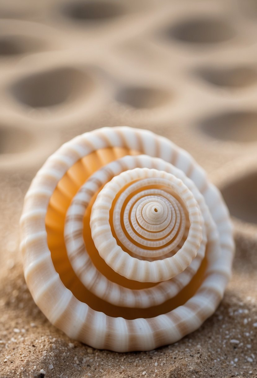 A close-up of delicate rings nestled within the intricate spirals of a seashell on a sandy beach