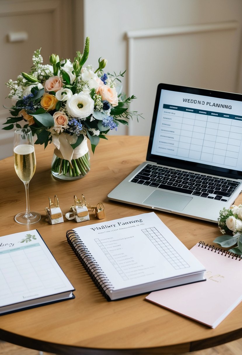 A table with wedding planning books, a calendar, and a laptop open to a checklist. A bouquet of flowers and a glass of champagne sit nearby