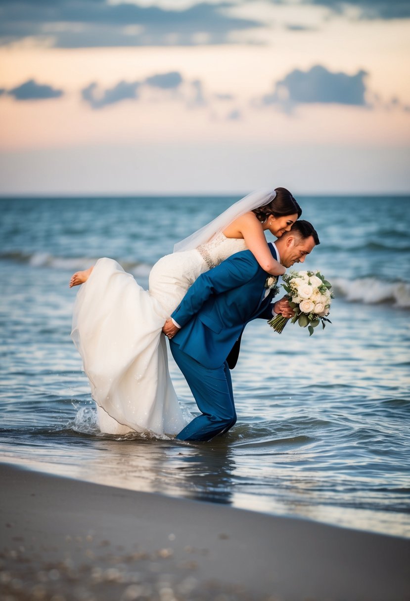 A groom carries his bride into the water at a beach wedding