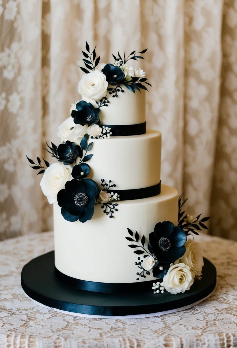 A traditional wedding cake adorned with elegant black and white floral decorations, set against a backdrop of a vintage lace tablecloth