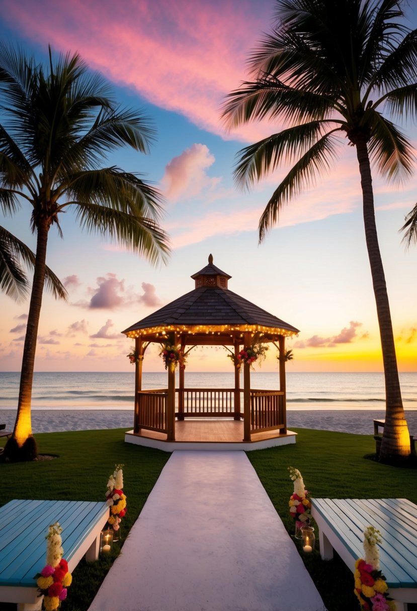 A tropical beach setting with a colorful sunset, palm trees, and a romantic gazebo adorned with flowers and twinkling lights