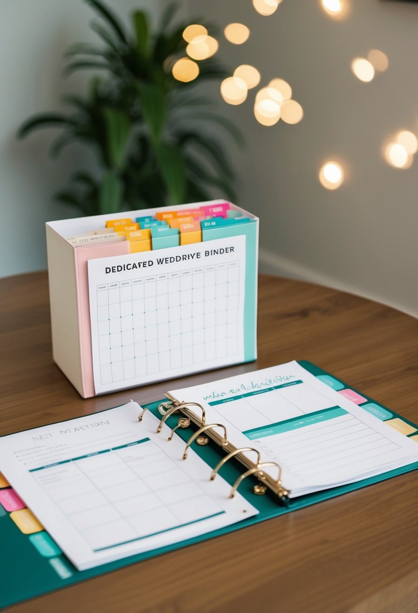 A table with a dedicated wedding binder, filled with color-coded tabs and sections for organization. A checklist, calendar, and inspiration pages neatly arranged