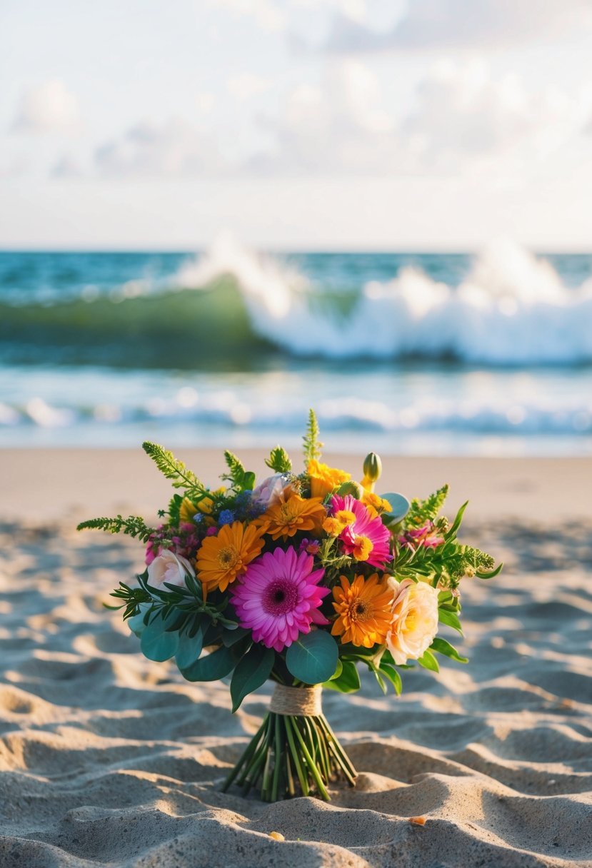 A vibrant floral bouquet sits on the sandy shore, with the ocean waves crashing in the background