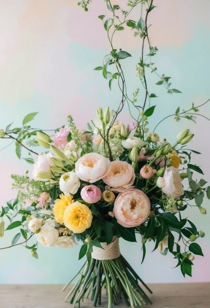 A lush bouquet of blooming flowers, intertwined with delicate vines and leaves, set against a soft pastel background