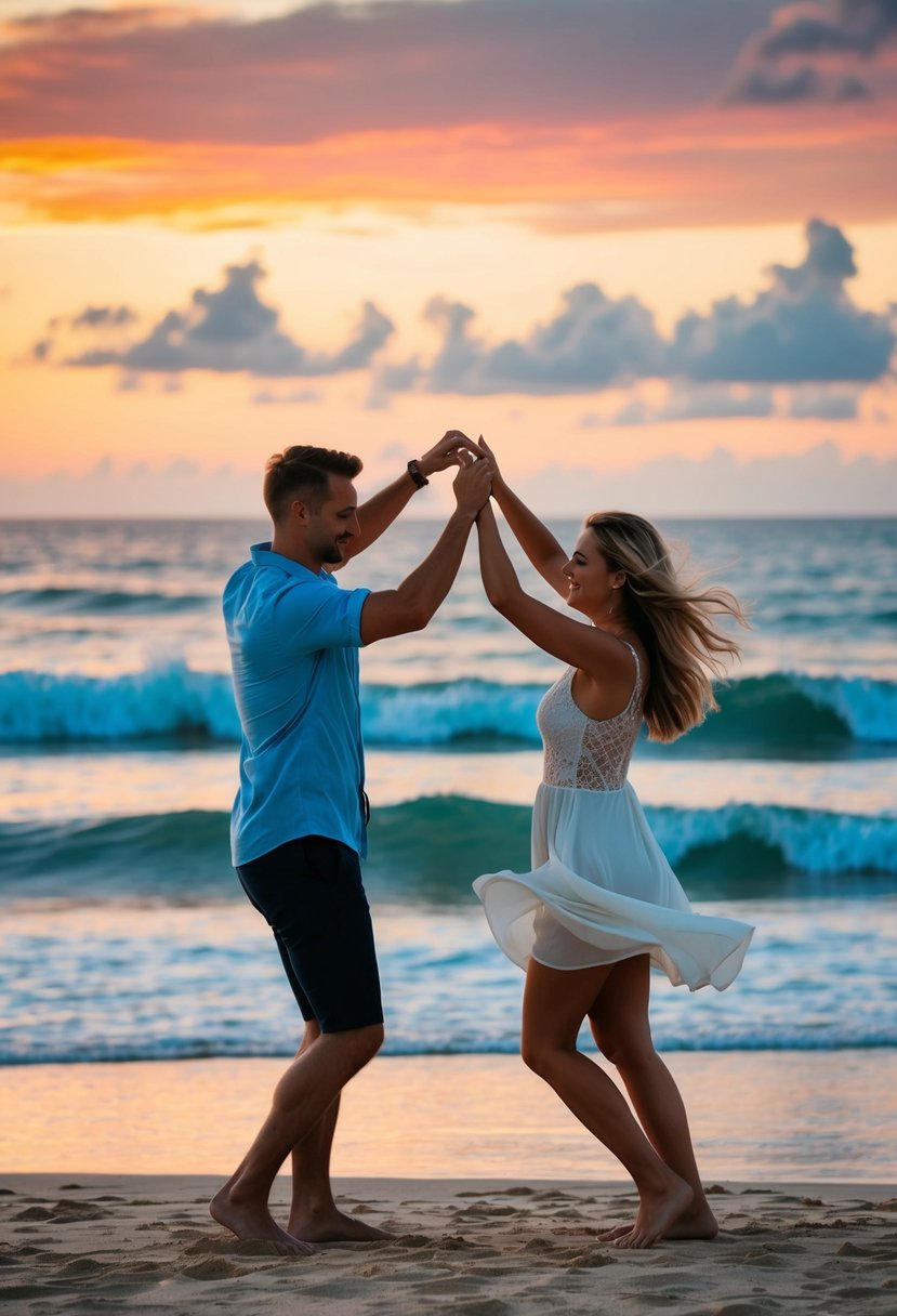 A couple dances barefoot on the sandy beach at sunset, with the ocean waves and a colorful sky in the background