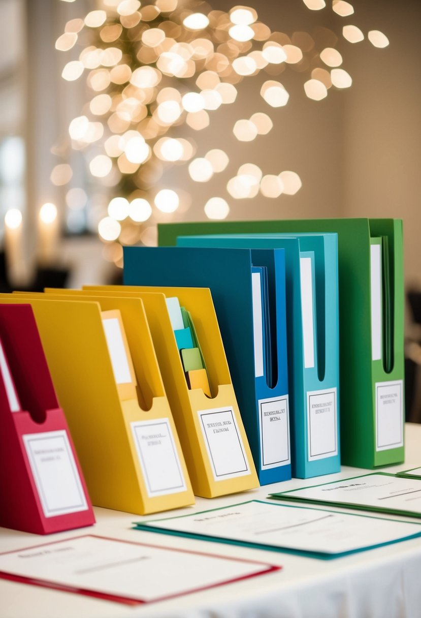 A table with color-coded folders and labels for wedding planning tasks