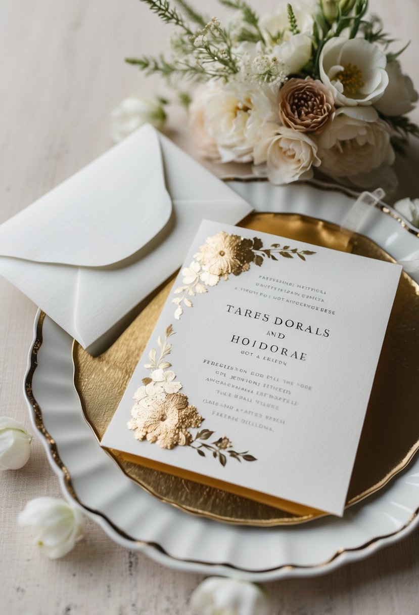 A white wedding invitation with elegant gold foil accents and delicate floral details