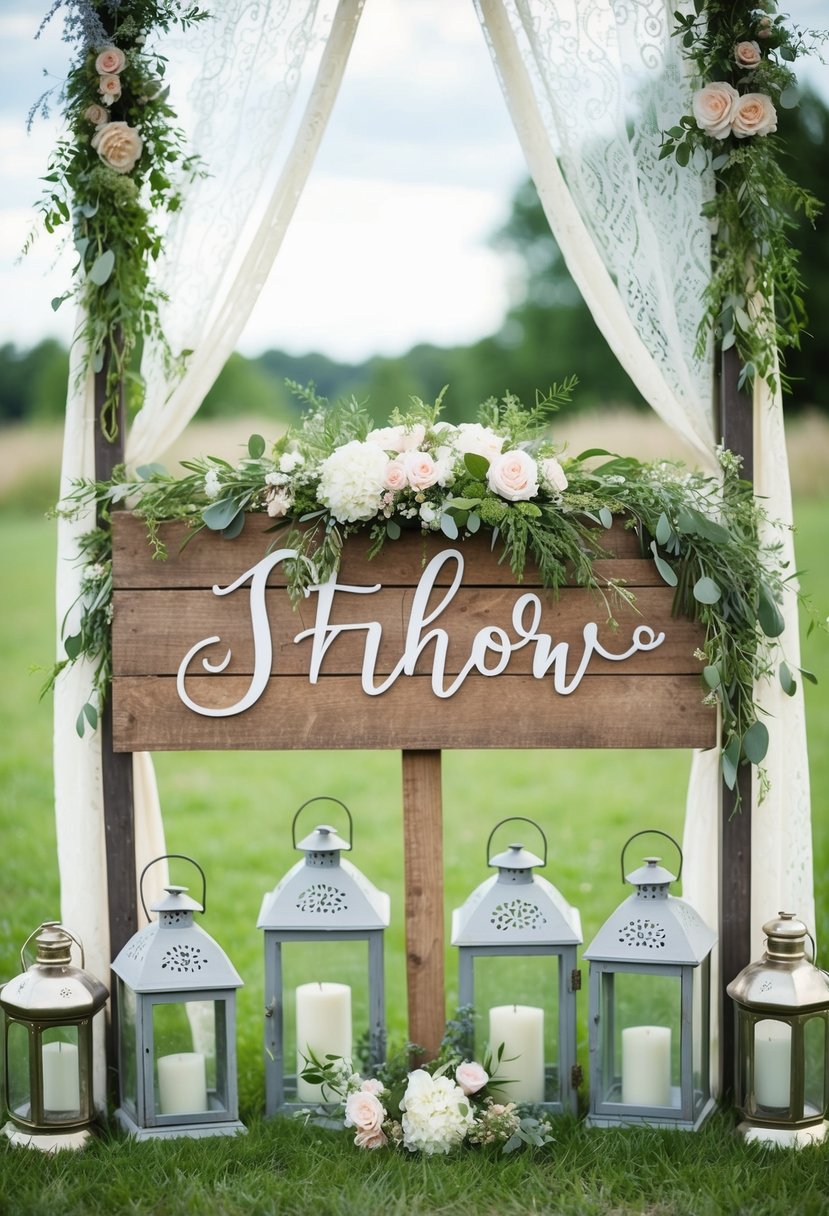 A rustic wooden sign adorned with flowers and greenery, surrounded by vintage lanterns and lace drapery