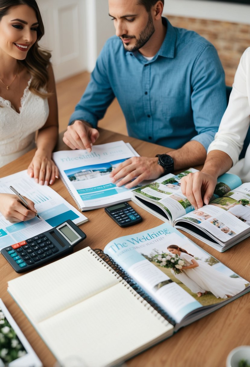 A couple sits at a table with a notebook, calculator, and wedding magazines spread out in front of them. They are discussing and planning their wedding budget