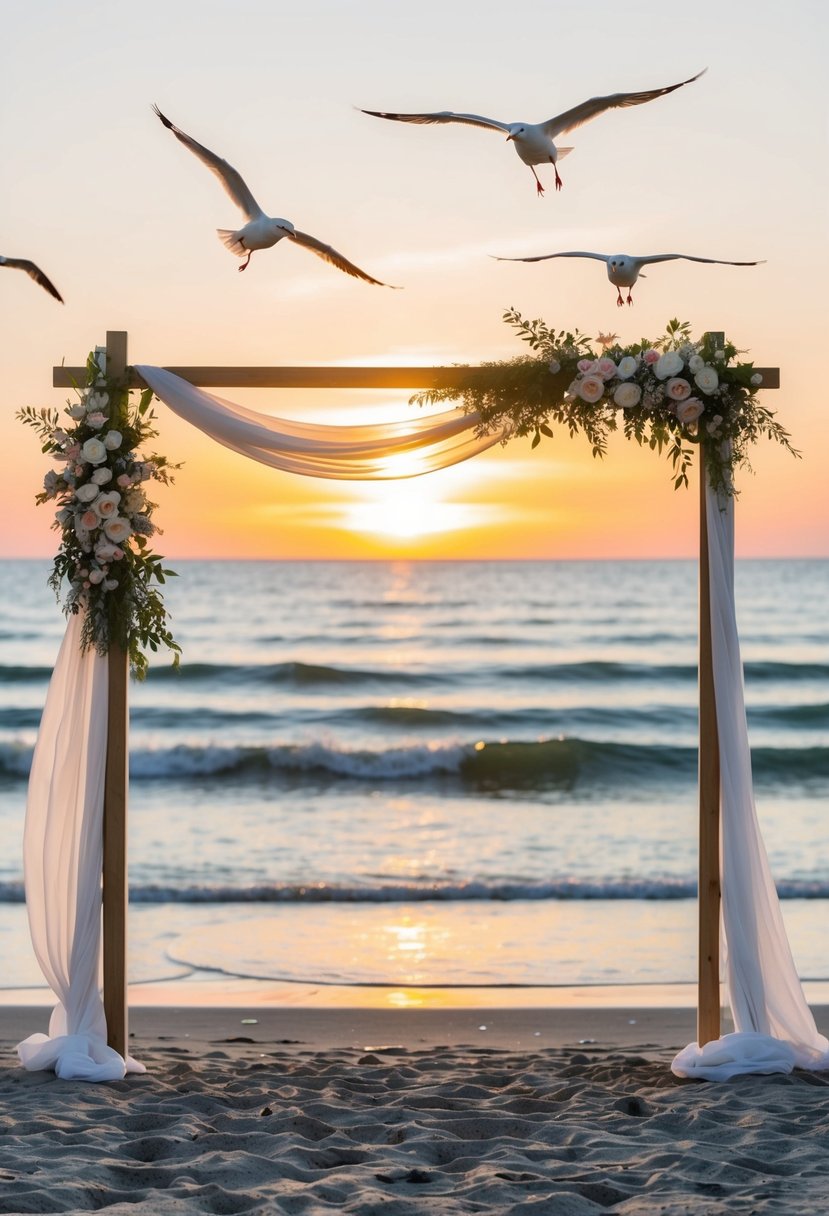 A serene beach at sunset with a simple wedding arch adorned with flowers and flowing fabric. Waves gently wash up on the shore as seagulls fly overhead