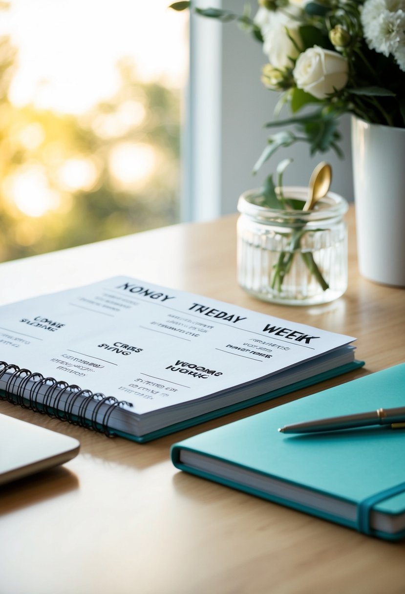 A desk with a calendar, notebook, and pen. Each week is labeled with specific wedding planning tasks, such as venue selection, dress fittings, and vendor meetings