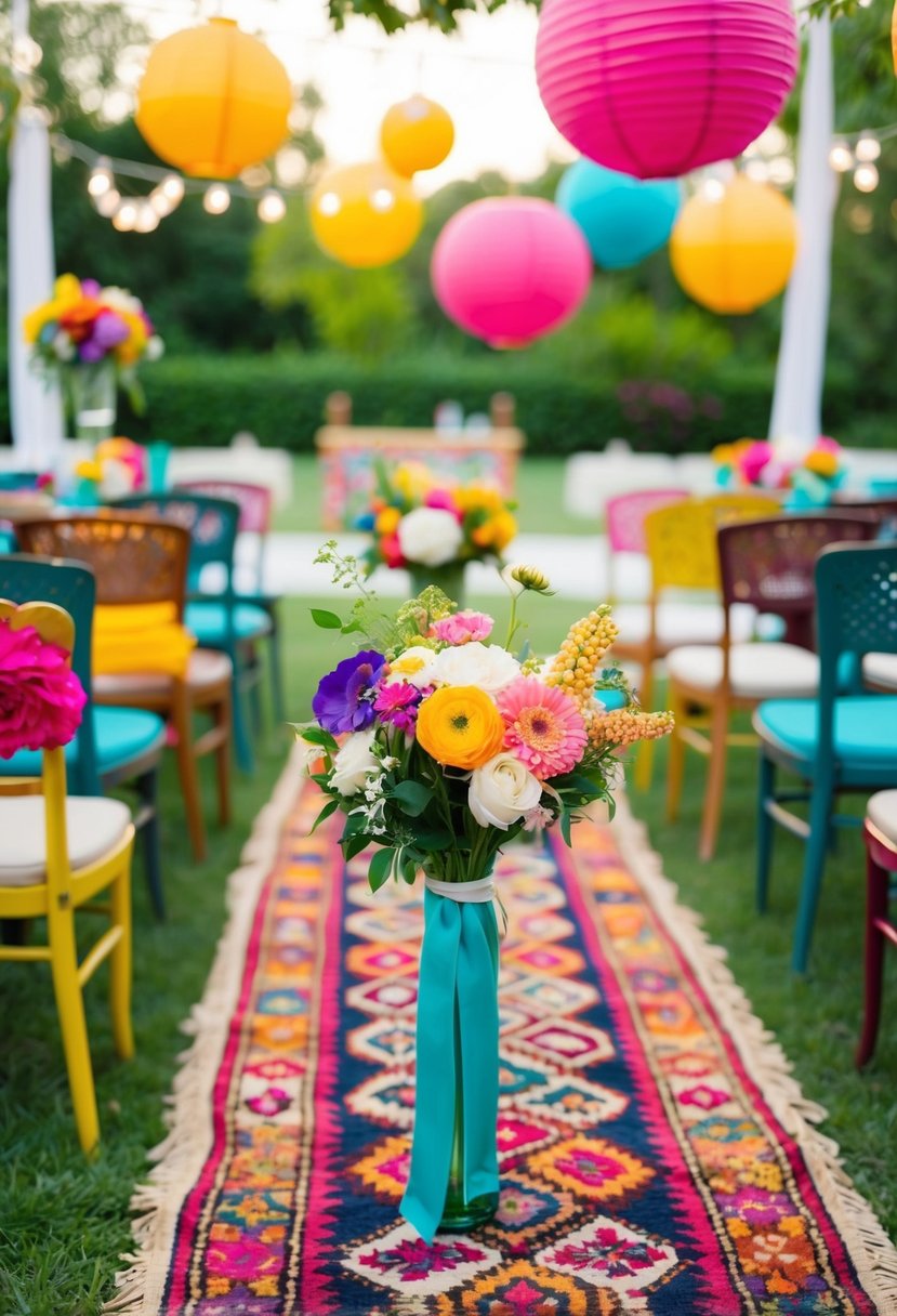 A colorful outdoor wedding with a mix of vintage and eclectic decor, including vibrant flowers, patterned rugs, and hanging paper lanterns